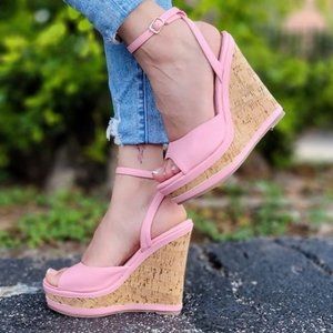 Women Platform Wedge Sandals Ankle Strap Pink Color